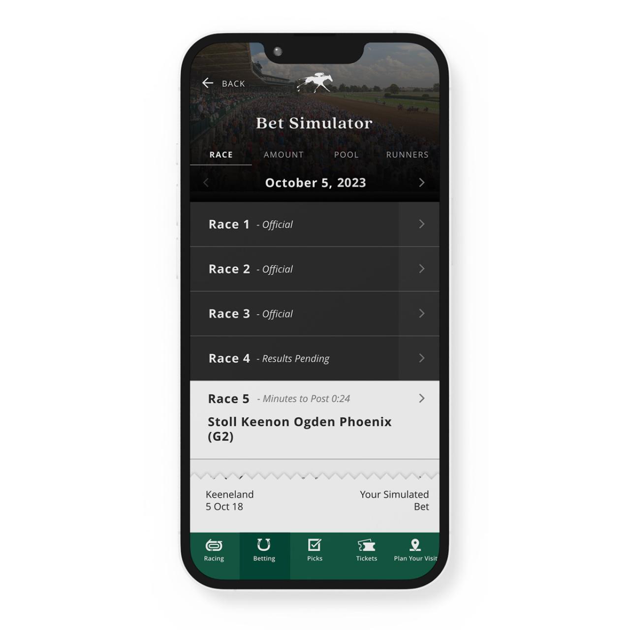 Bet simulator screen in the mobile app.