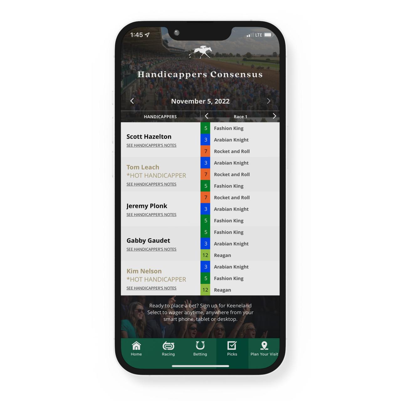 Handicappers screen in the mobile app.